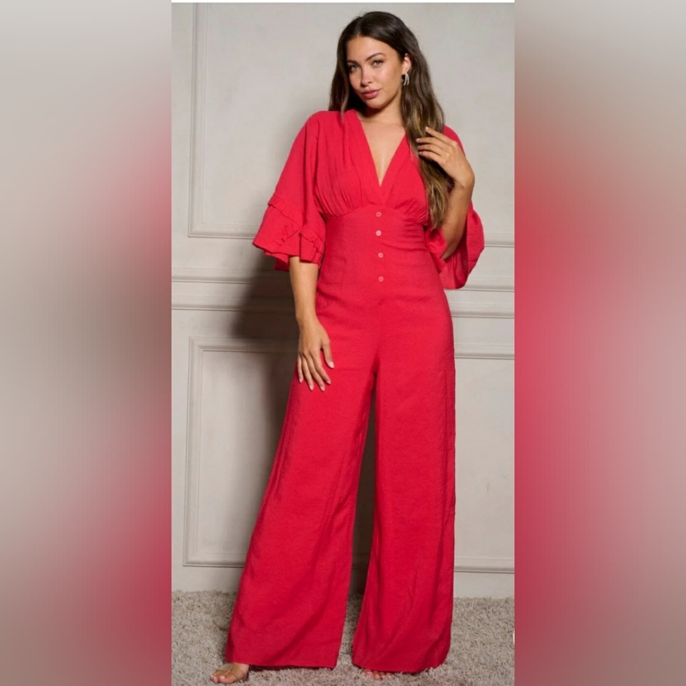 Chicways Deep V-neck Wide-Leg‎ Short Sleeve Jumpsuit RED Various Sizes NEW